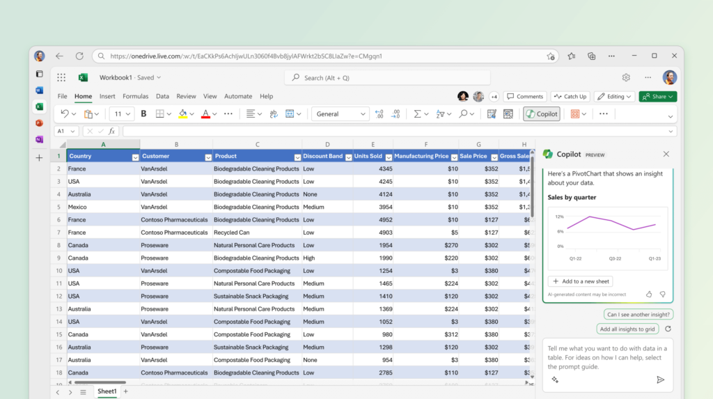 Copilot voor Office 365 in Microsoft Excel